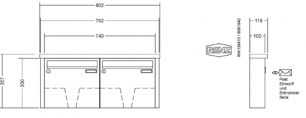 RENZ Briefkastenanlage Aufputz, Tetro, Edelstahl V4A, Kastenformat 370x330x100mm, 2-teilig